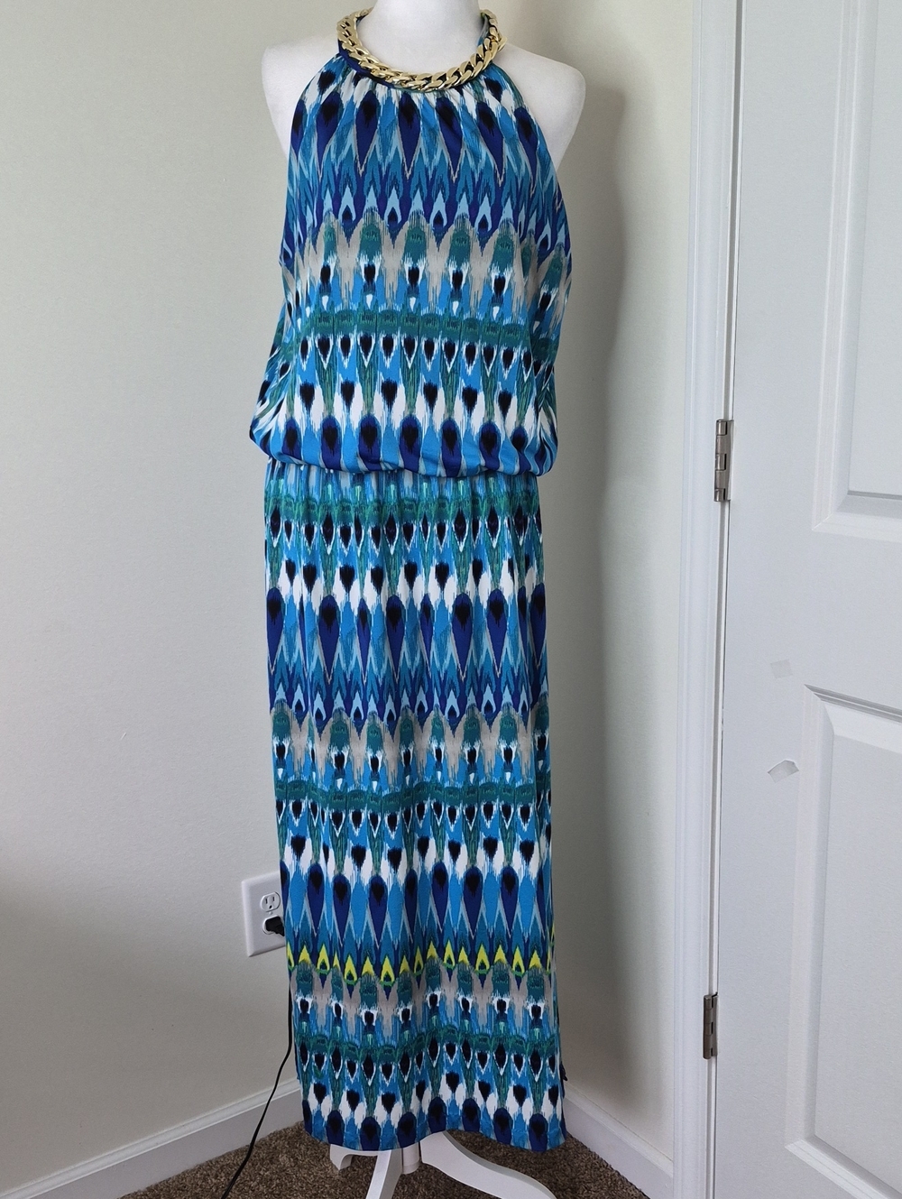 Covington Blue Teal Print Dress with Gold Chain Detail Size XL